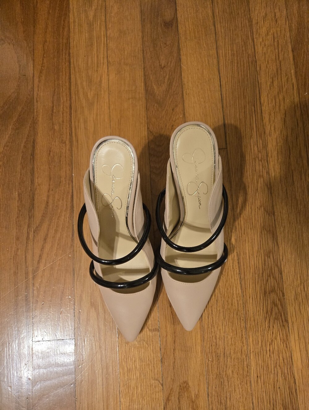 Used Jessica Simpson Beige Pointed Toe Mules with Black Double Rings
